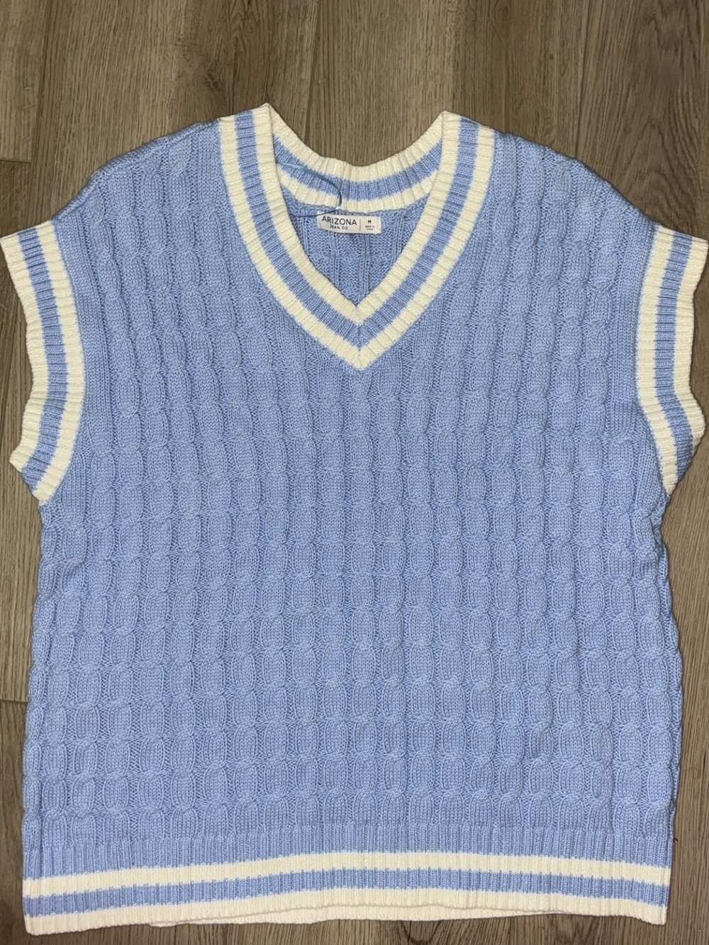 Arizona Jean Company Pale Blue Cable-Knit V-Neck Sweater Vest with Cream Trim